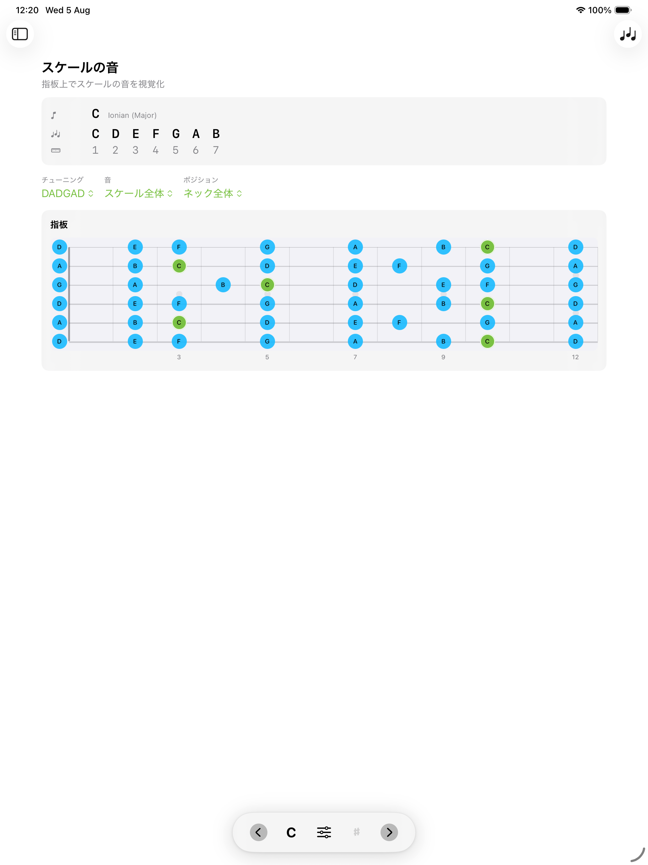 iPadでDADGADにリチューニングしたフレットボード